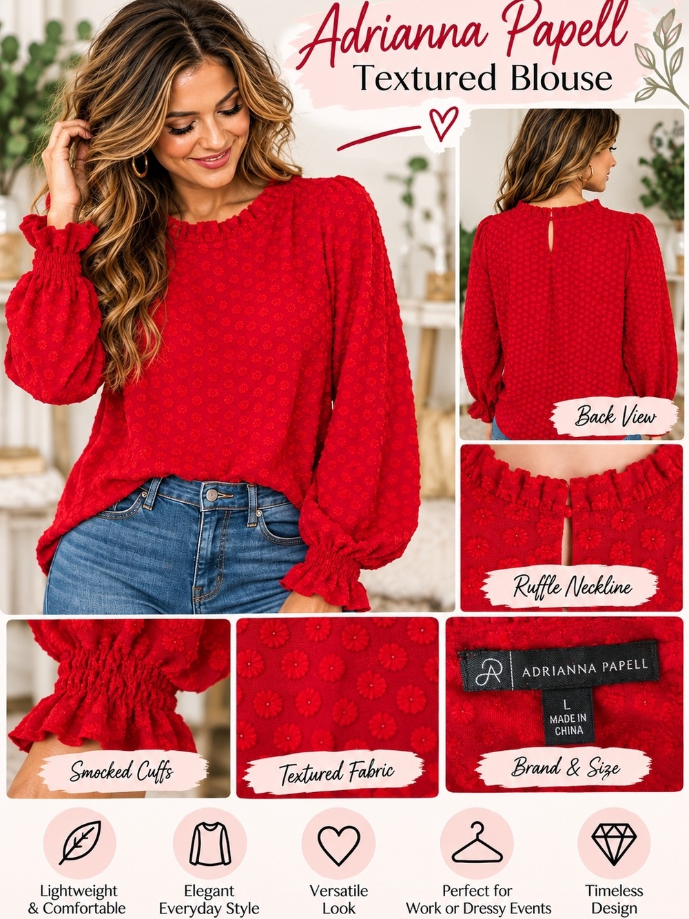 Adrianna Papell Red Textured Ruffle-Neck Blouse with Smocked Cuffs